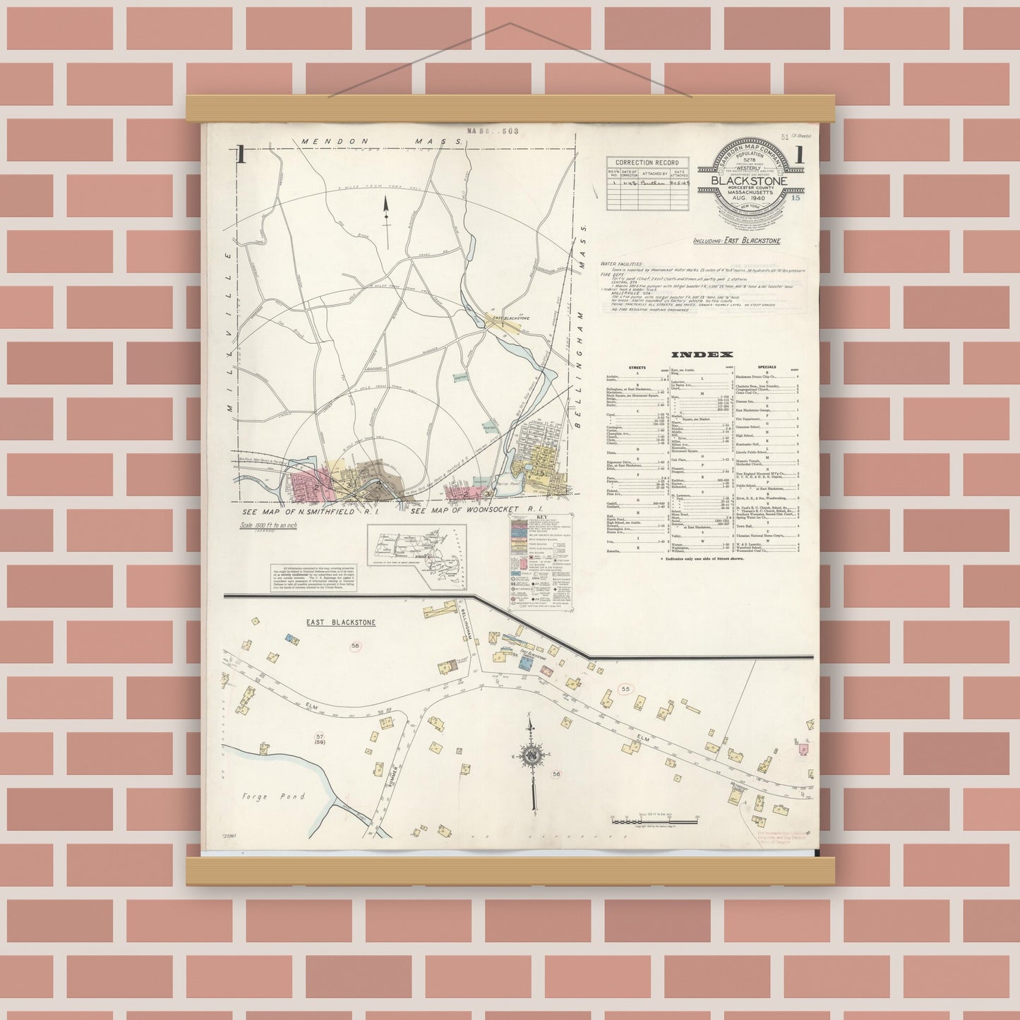Old map wall art mockup — magnetic wood frame on brick wall — Sanborn Fire Insurance Map from Blackstone, Worcester County, Massachusetts (1948), Sheet #0001