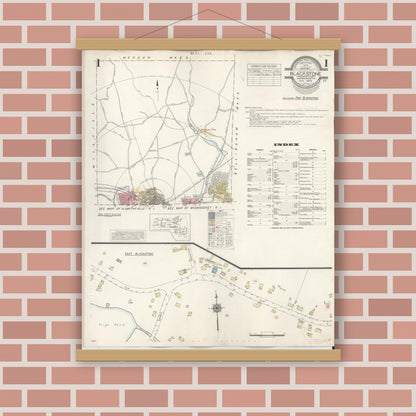 Old map wall art mockup — magnetic wood frame on brick wall — Sanborn Fire Insurance Map from Blackstone, Worcester County, Massachusetts (1948), Sheet #0001