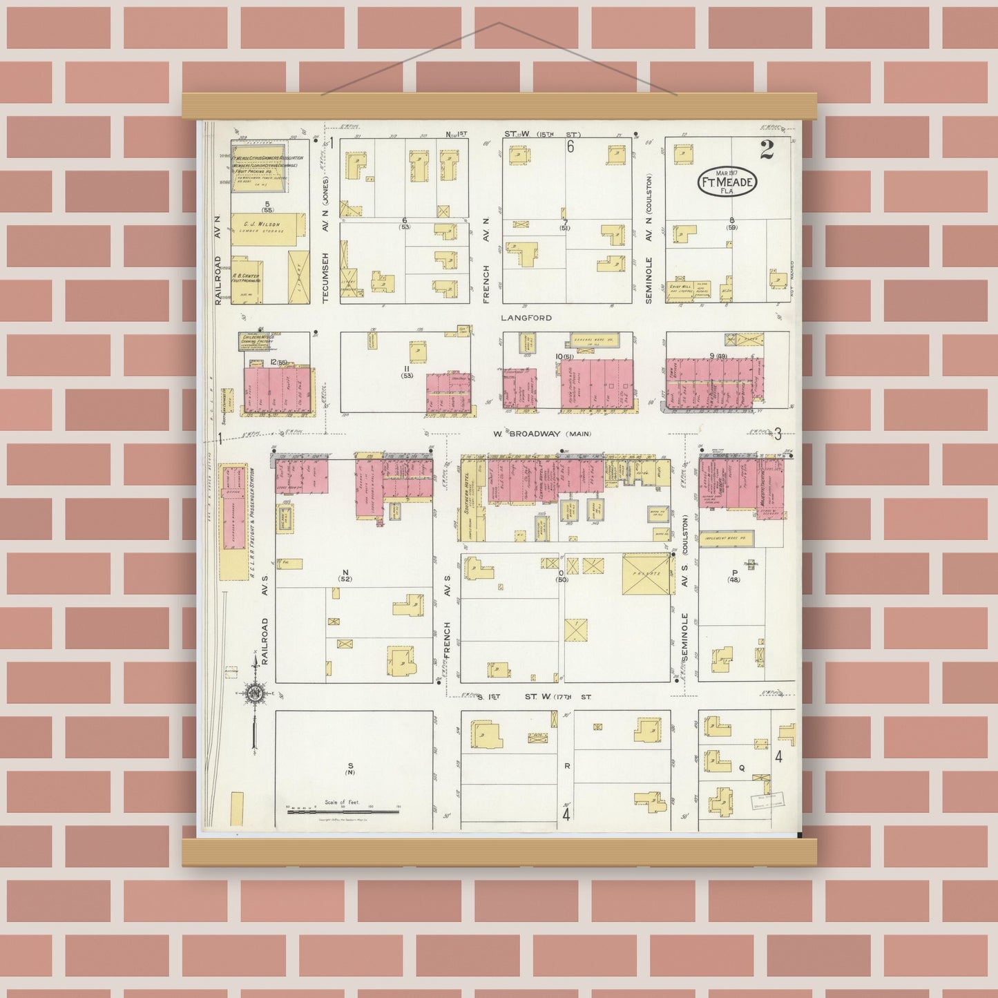 Old map wall art mockup — magnetic wood frame on brick wall — Sanborn Fire Insurance Map from Fort Meade, Polk County, Florida (1917), Sheet #0002