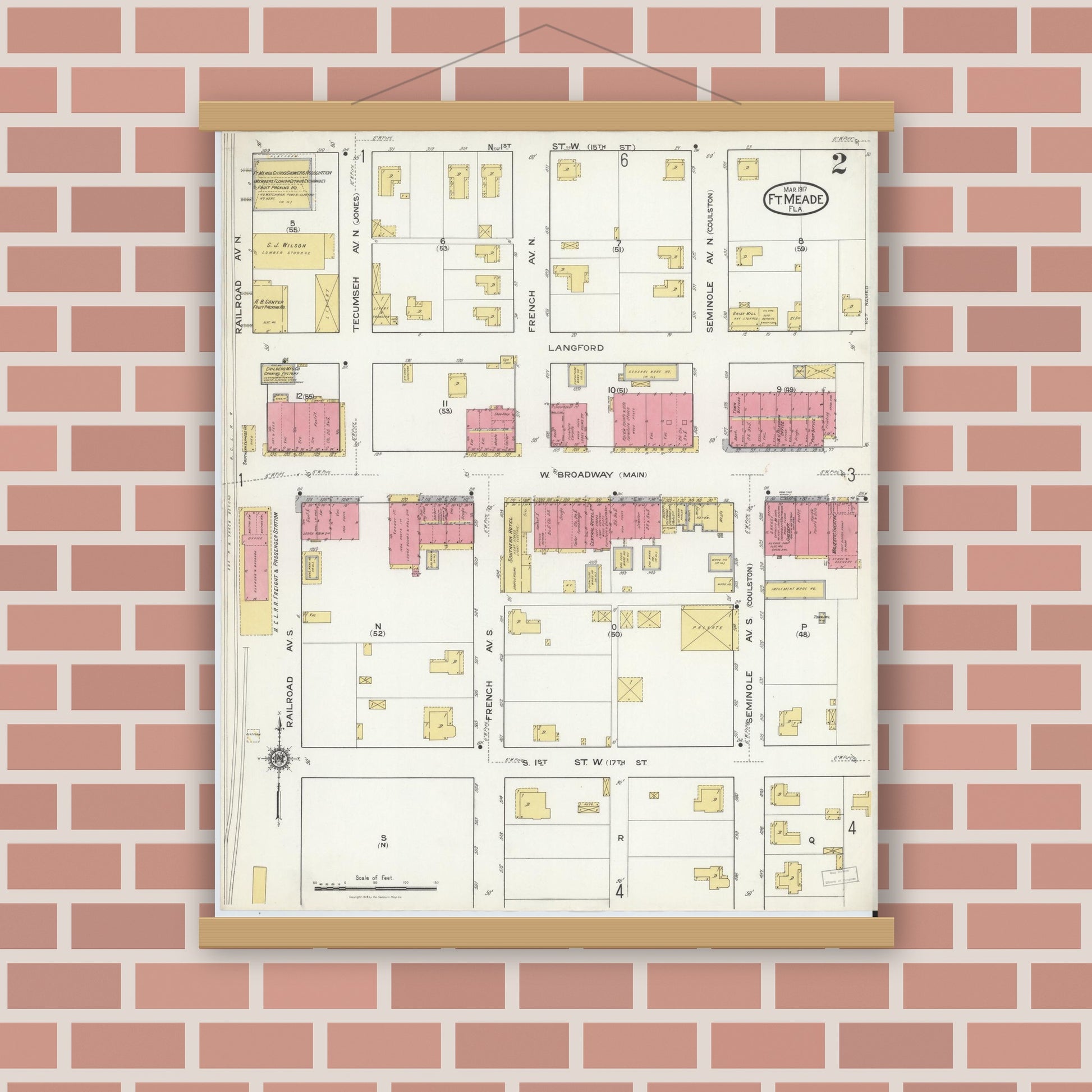 Old map wall art mockup — magnetic wood frame on brick wall — Sanborn Fire Insurance Map from Fort Meade, Polk County, Florida (1917), Sheet #0002