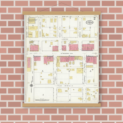 Old map wall art mockup — magnetic wood frame on brick wall — Sanborn Fire Insurance Map from Fort Meade, Polk County, Florida (1917), Sheet #0002