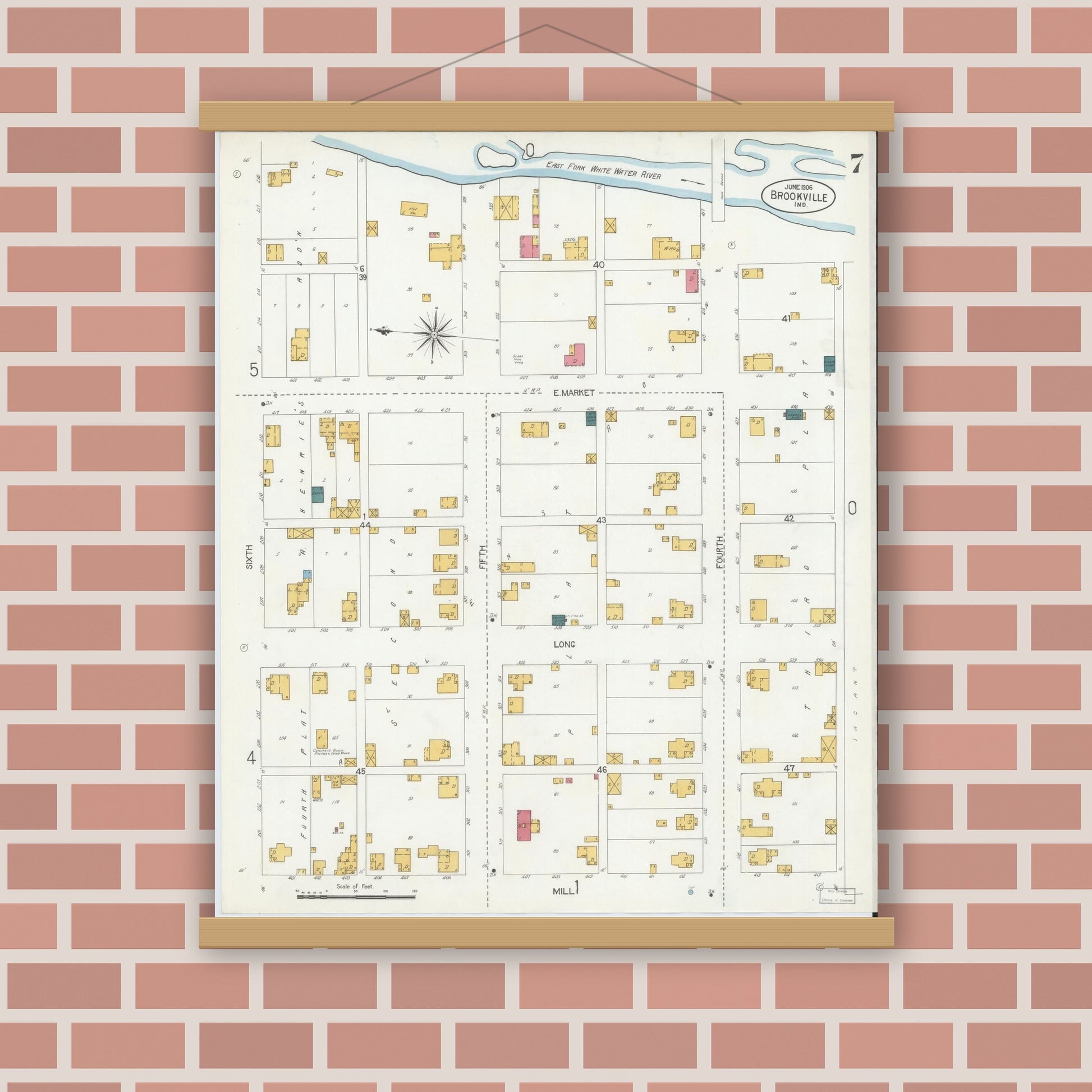Old map wall art mockup — magnetic wood frame on brick wall — Sanborn Fire Insurance Map from Brookville, Franklin County, Indiana (1906), Sheet #0007