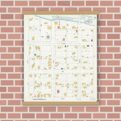 Old map wall art mockup — magnetic wood frame on brick wall — Sanborn Fire Insurance Map from Brookville, Franklin County, Indiana (1906), Sheet #0007