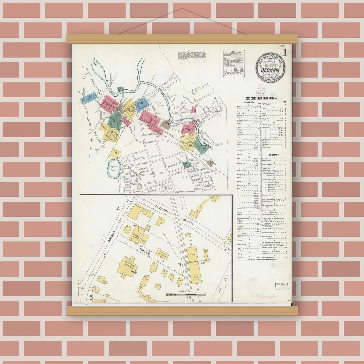 Old map wall art mockup — magnetic wood frame on brick wall — Sanborn Fire Insurance Map from Dedham, Norfolk County, Massachusetts (1903) - Complete Map Set
