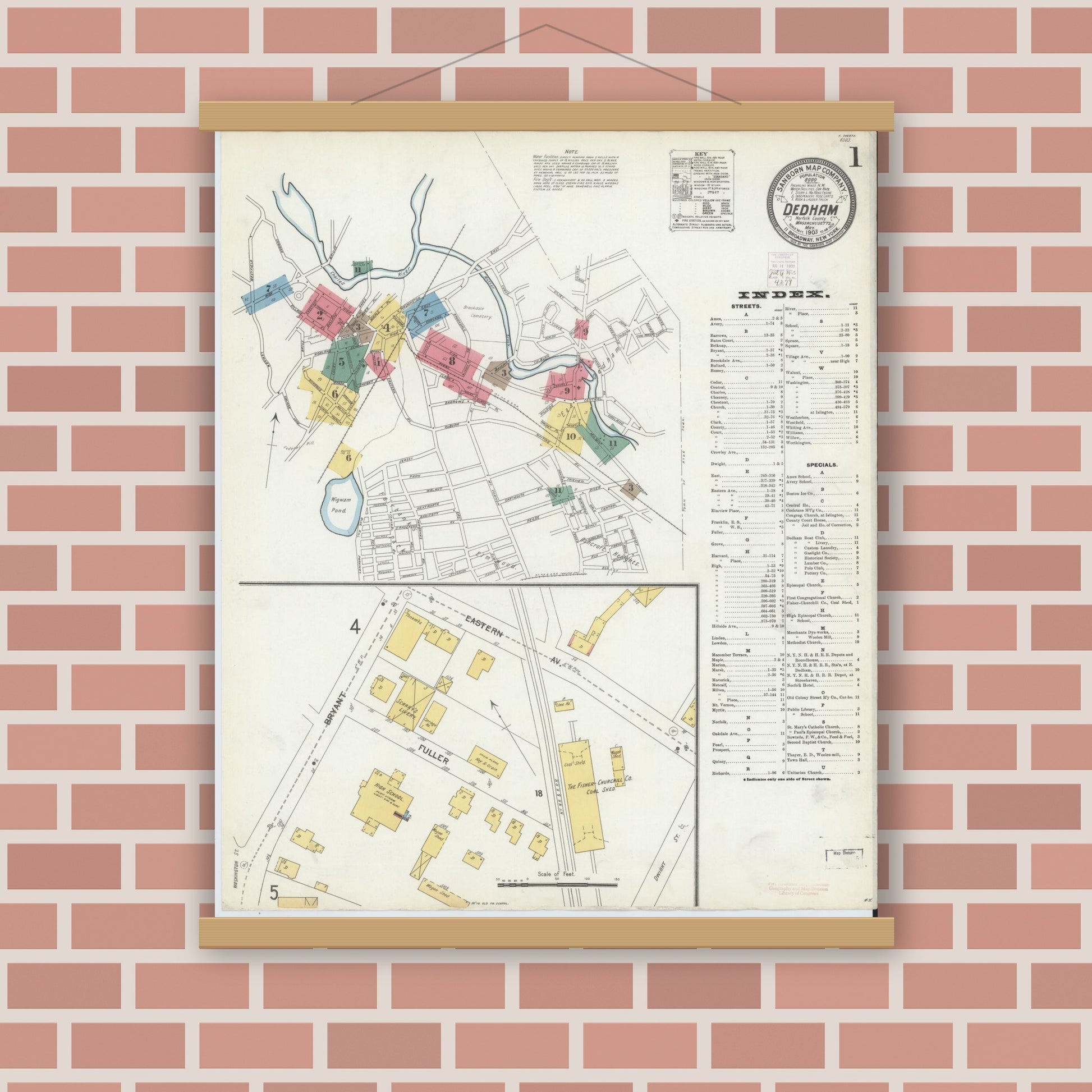 Old map wall art mockup — magnetic wood frame on brick wall — Sanborn Fire Insurance Map from Dedham, Norfolk County, Massachusetts (1903) - Complete Map Set