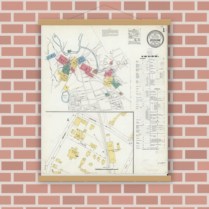 Old map wall art mockup — magnetic wood frame on brick wall — Sanborn Fire Insurance Map from Dedham, Norfolk County, Massachusetts (1903) - Complete Map Set