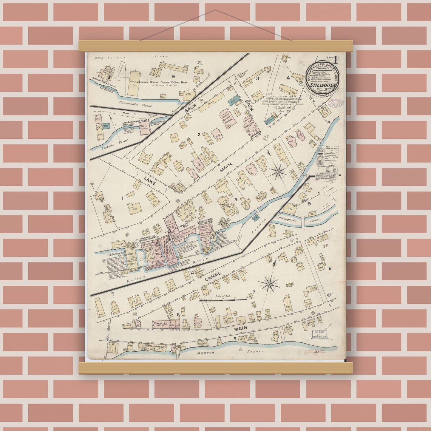 Old map wall art mockup — magnetic wood frame on brick wall — Sanborn Fire Insurance Map from Stillwater, Saratoga County, New York (1887) - Complete Map Set