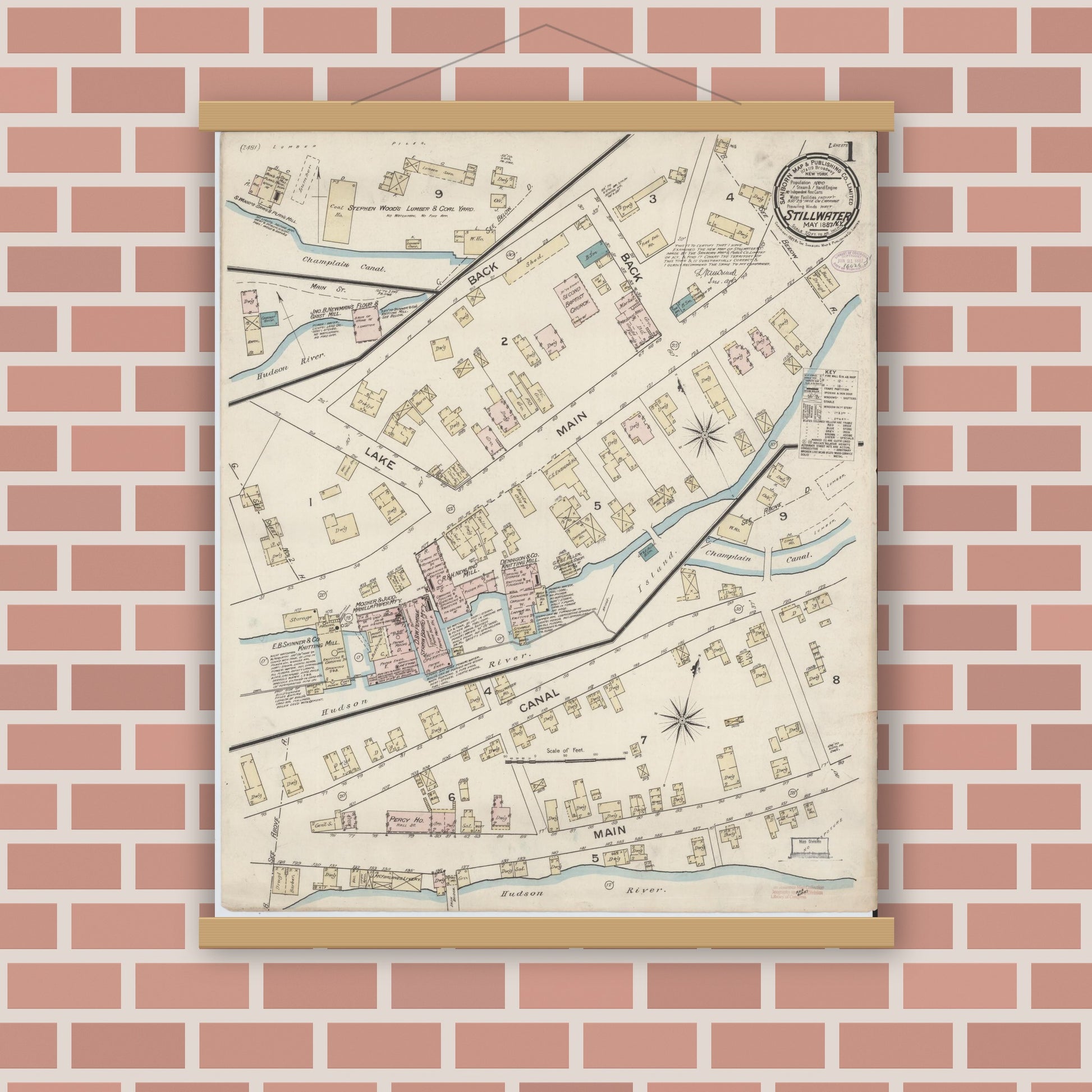 Old map wall art mockup — magnetic wood frame on brick wall — Sanborn Fire Insurance Map from Stillwater, Saratoga County, New York (1887) - Complete Map Set