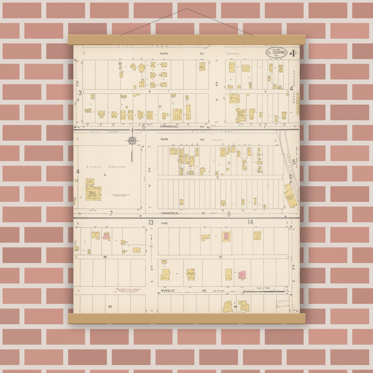 Old map wall art mockup — magnetic wood frame on brick wall — Sanborn Fire Insurance Map from El Centro, Imperial County, California (1914), Sheet #0004