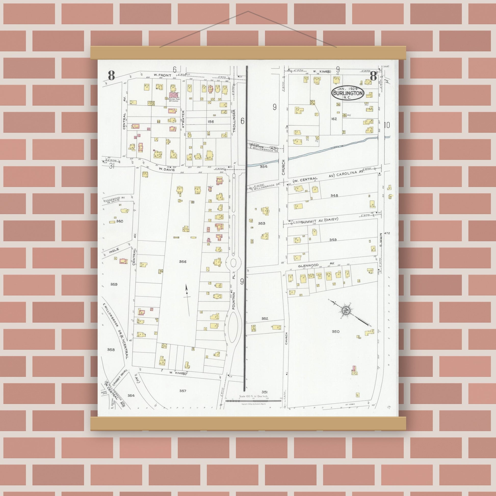 Old map wall art mockup — magnetic wood frame on brick wall — Sanborn Fire Insurance Map from Burlington, Alamance County, North Carolina (1929), Sheet #0008