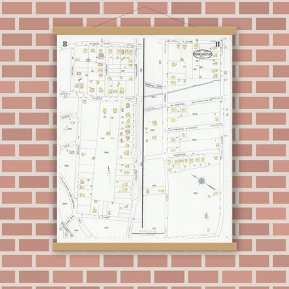 Old map wall art mockup — magnetic wood frame on brick wall — Sanborn Fire Insurance Map from Burlington, Alamance County, North Carolina (1929), Sheet #0008