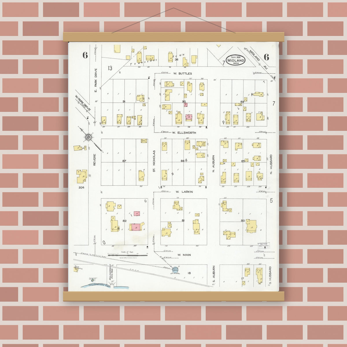 Old map wall art mockup — magnetic wood frame on brick wall — Sanborn Fire Insurance Map from Midland, Midland County, Michigan (1926), Sheet #0006