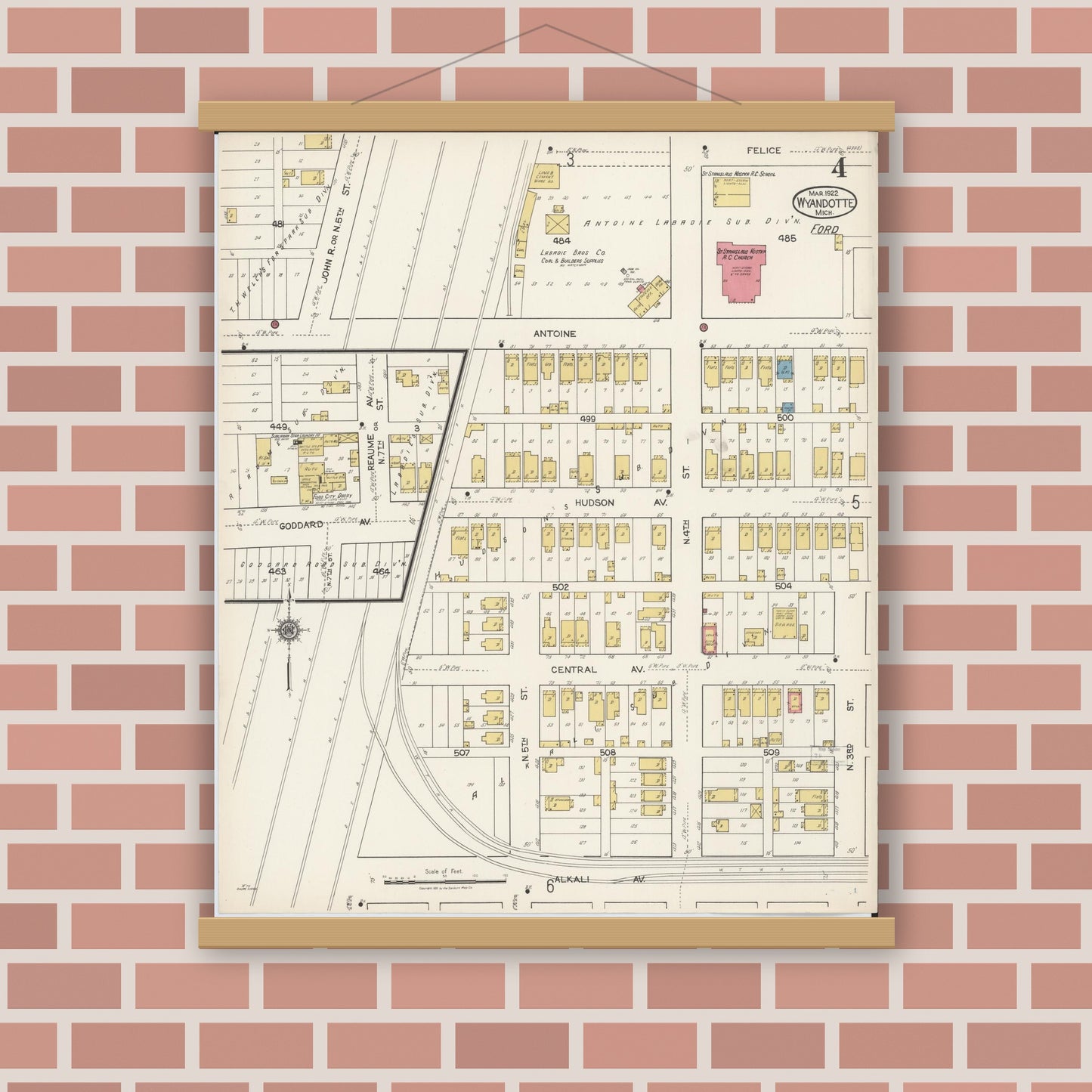 Old map wall art mockup — magnetic wood frame on brick wall — Sanborn Fire Insurance Map from Wyandotte, Wayne County, Michigan (1922), Sheet #0004