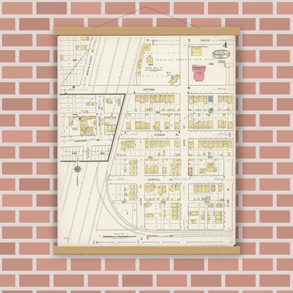 Old map wall art mockup — magnetic wood frame on brick wall — Sanborn Fire Insurance Map from Wyandotte, Wayne County, Michigan (1922), Sheet #0004