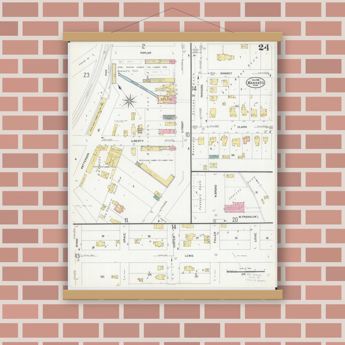 Old map wall art mockup — magnetic wood frame on brick wall — Sanborn Fire Insurance Map from Mankato, Blue Earth County, Minnesota (1908), Sheet #0024