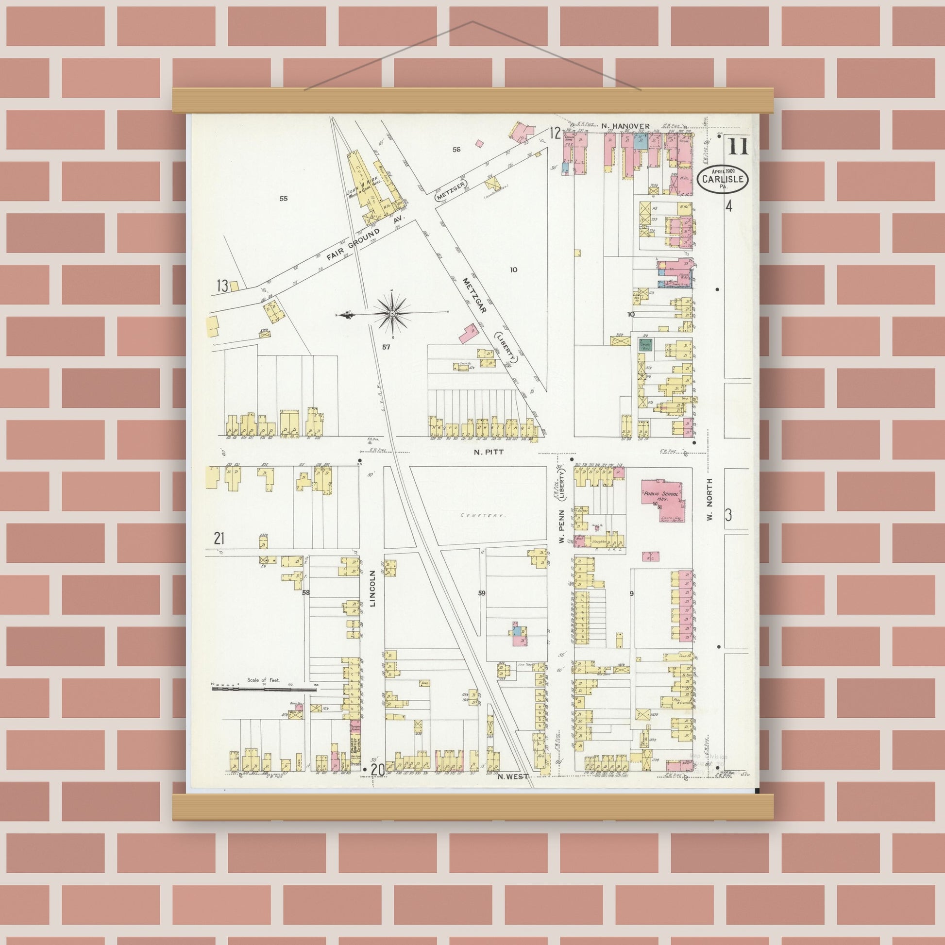 Old map wall art mockup — magnetic wood frame on brick wall — Sanborn Fire Insurance Map from Carlisle, Cumberland County, Pennsylvania (1909), Sheet #0011