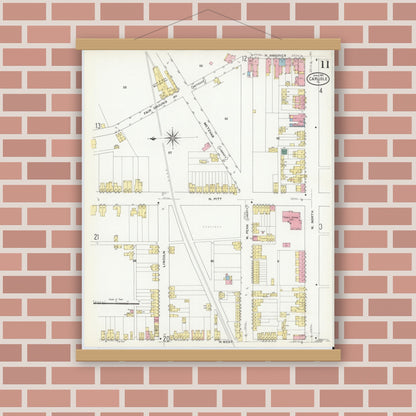 Old map wall art mockup — magnetic wood frame on brick wall — Sanborn Fire Insurance Map from Carlisle, Cumberland County, Pennsylvania (1909), Sheet #0011
