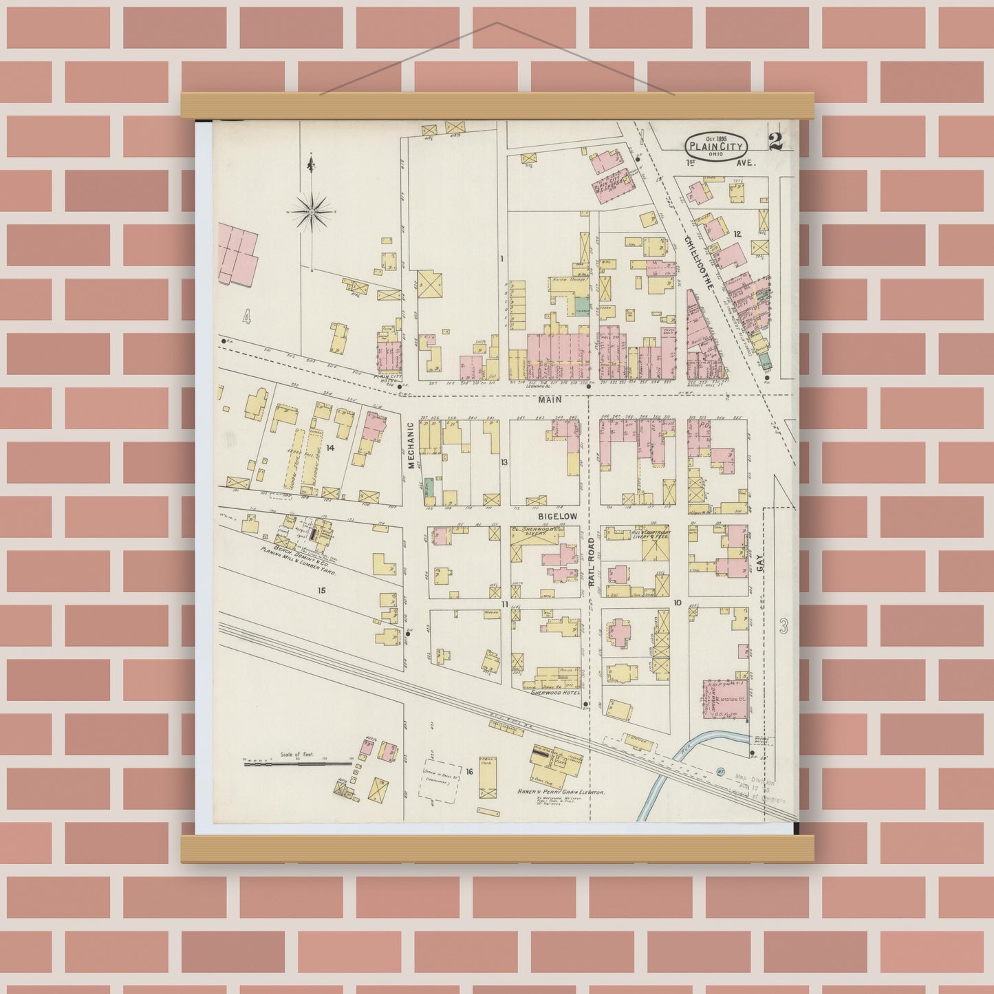 Old map wall art mockup — magnetic wood frame on brick wall — Sanborn Fire Insurance Map from Plain City, Madison And Union Counties, Ohio (1895), Sheet #0002