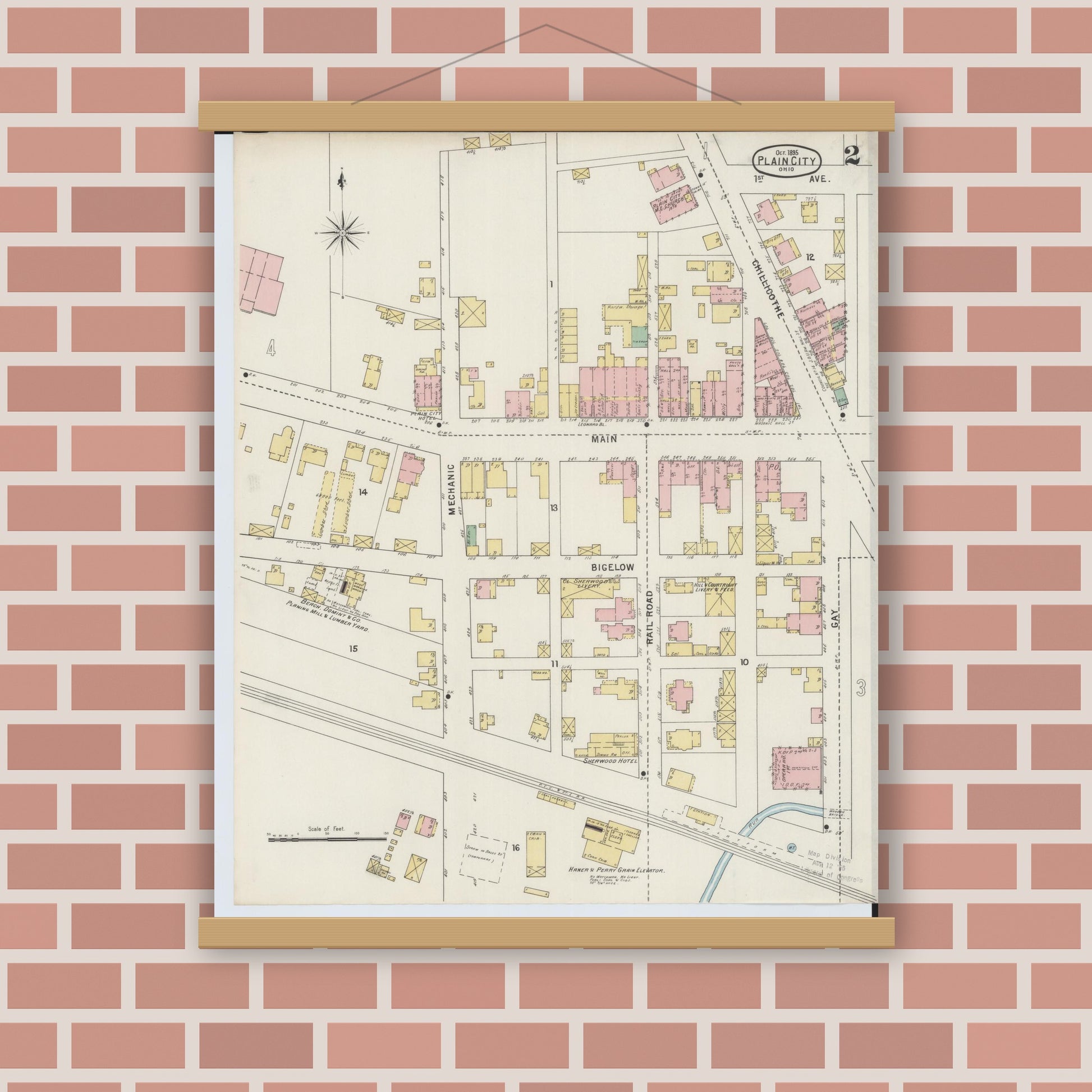 Old map wall art mockup — magnetic wood frame on brick wall — Sanborn Fire Insurance Map from Plain City, Madison And Union Counties, Ohio (1895), Sheet #0002