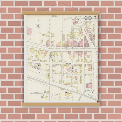 Old map wall art mockup — magnetic wood frame on brick wall — Sanborn Fire Insurance Map from Plain City, Madison And Union Counties, Ohio (1895), Sheet #0002