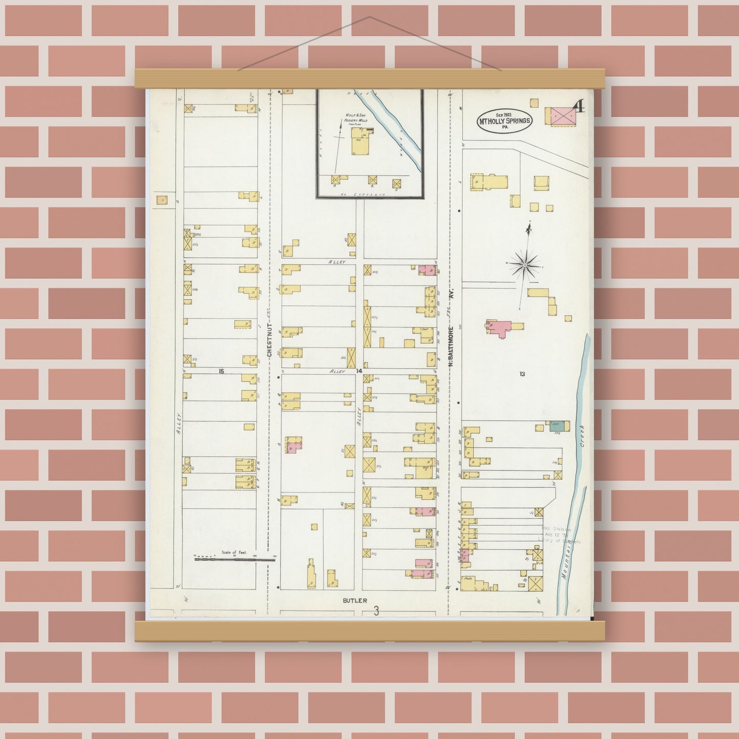Old map wall art mockup — magnetic wood frame on brick wall — Sanborn Fire Insurance Map from Mount Holly Springs, Cumberland County, Pennsylvania (1902), Sheet #0004