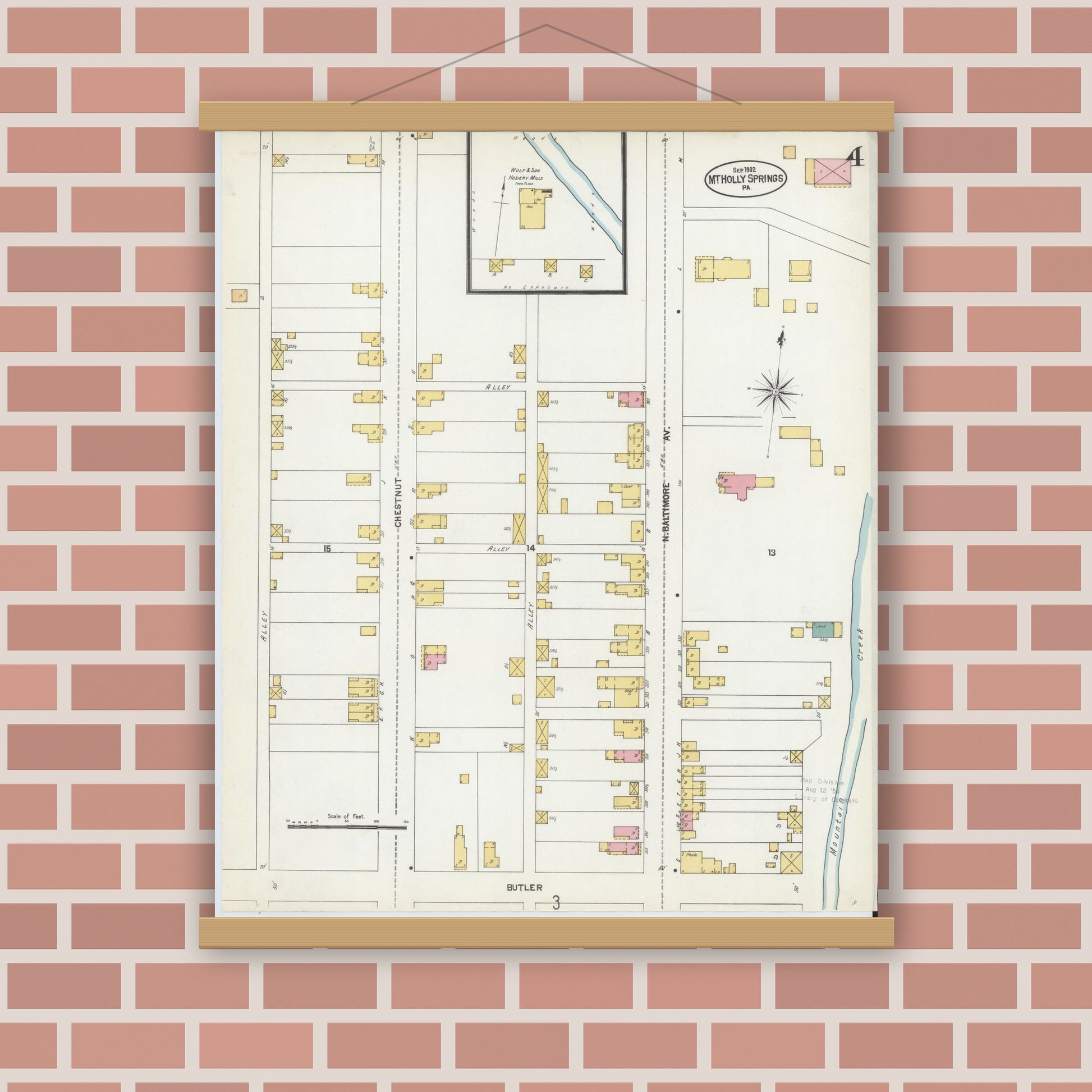 Old map wall art mockup — magnetic wood frame on brick wall — Sanborn Fire Insurance Map from Mount Holly Springs, Cumberland County, Pennsylvania (1902), Sheet #0004