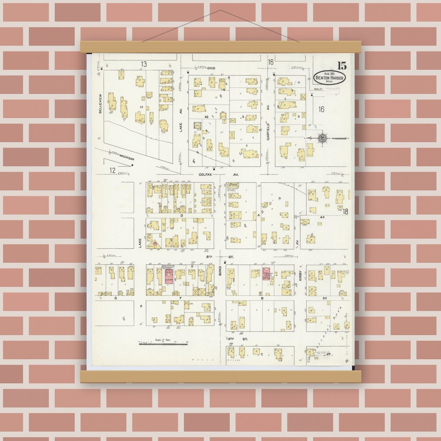Old map wall art mockup — magnetic wood frame on brick wall — Sanborn Fire Insurance Map from Benton Harbor, Berrien County, Michigan (1911), Sheet #0015