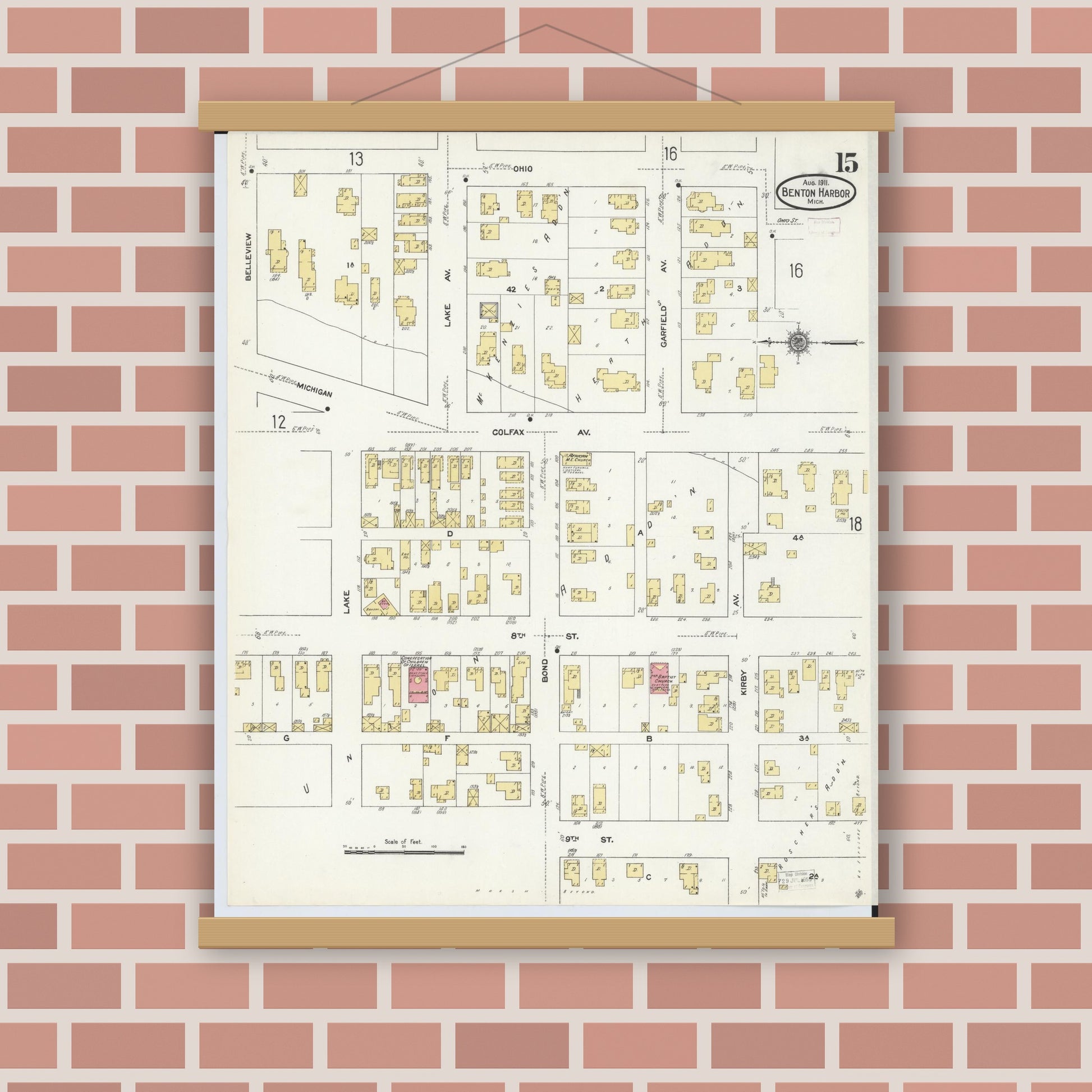 Old map wall art mockup — magnetic wood frame on brick wall — Sanborn Fire Insurance Map from Benton Harbor, Berrien County, Michigan (1911), Sheet #0015