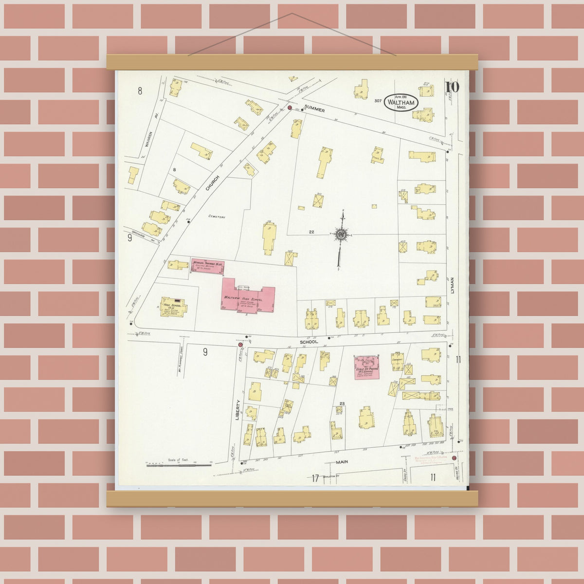 Old map wall art mockup — magnetic wood frame on brick wall — Sanborn Fire Insurance Map from Waltham, Middlesex County, Massachusetts (1911), Sheet #0010