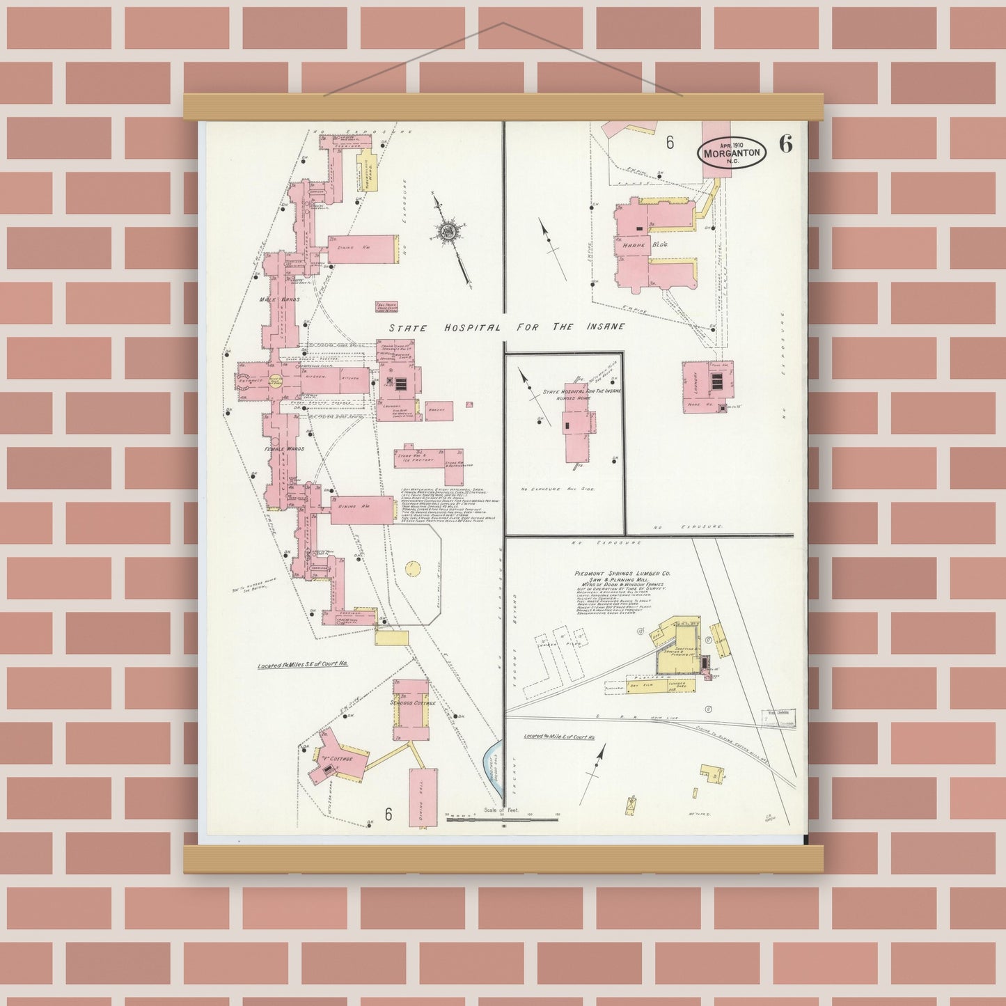 Old map wall art mockup — magnetic wood frame on brick wall — Sanborn Fire Insurance Map from Morganton, Burke County, North Carolina (1910), Sheet #0006