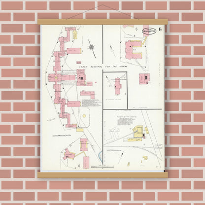 Old map wall art mockup — magnetic wood frame on brick wall — Sanborn Fire Insurance Map from Morganton, Burke County, North Carolina (1910), Sheet #0006