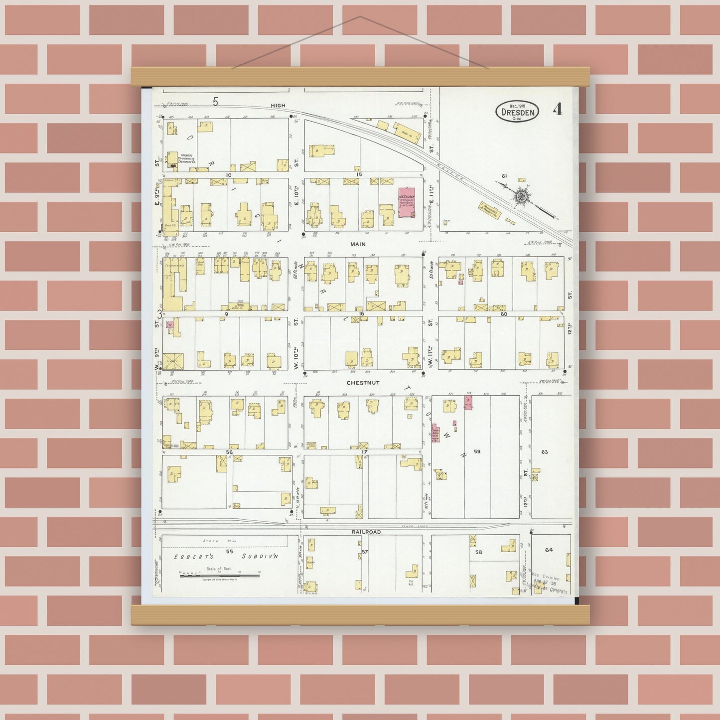 Old map wall art mockup — magnetic wood frame on brick wall — Sanborn Fire Insurance Map from Dresden, Muskingum County, Ohio (1918), Sheet #0004