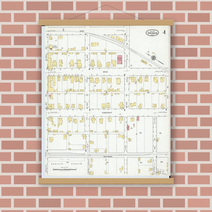 Old map wall art mockup — magnetic wood frame on brick wall — Sanborn Fire Insurance Map from Dresden, Muskingum County, Ohio (1918), Sheet #0004