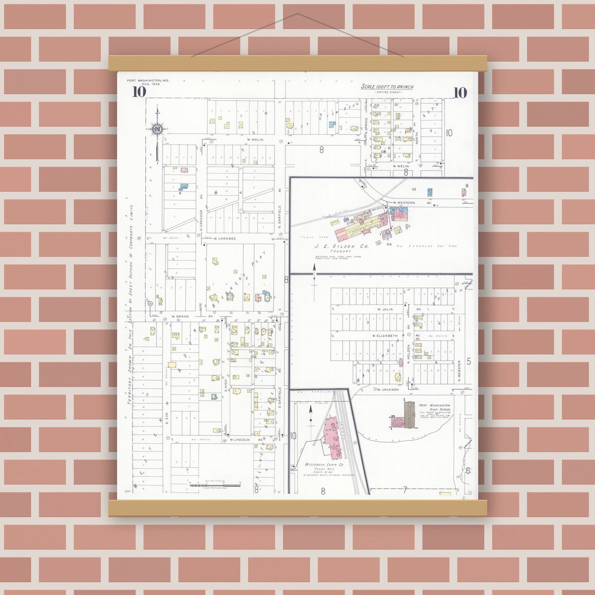Old map wall art mockup — magnetic wood frame on brick wall — Sanborn Fire Insurance Map from Port Washington, Ozaukee County, Wisconsin (1938), Sheet #0010