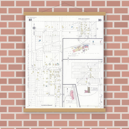 Old map wall art mockup — magnetic wood frame on brick wall — Sanborn Fire Insurance Map from Port Washington, Ozaukee County, Wisconsin (1938), Sheet #0010