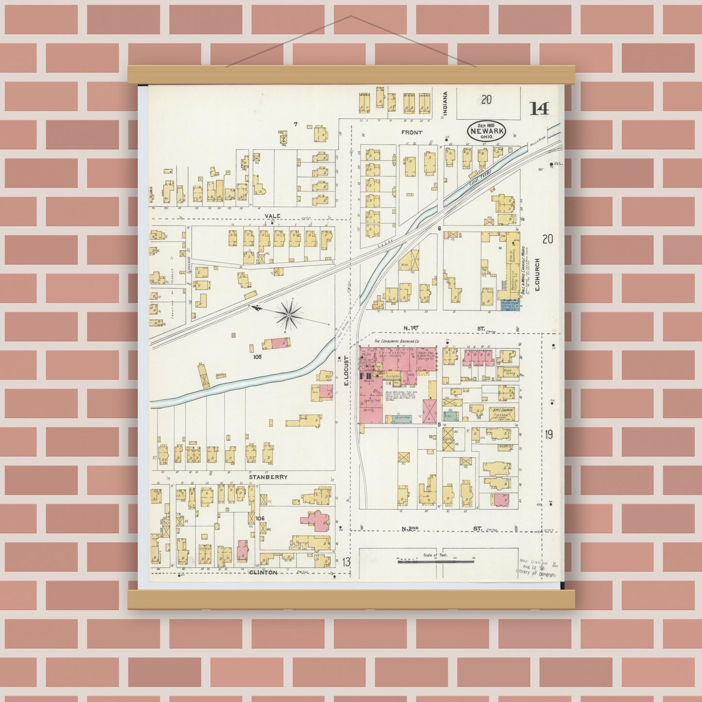Old map wall art mockup — magnetic wood frame on brick wall — Sanborn Fire Insurance Map from Newark, Licking County, Ohio (1905), Sheet #0014