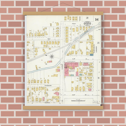 Old map wall art mockup — magnetic wood frame on brick wall — Sanborn Fire Insurance Map from Newark, Licking County, Ohio (1905), Sheet #0014
