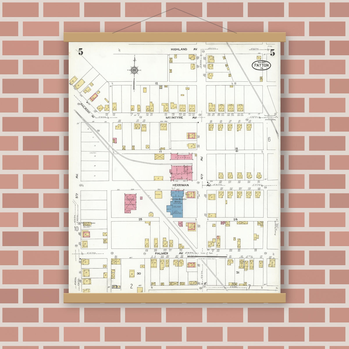 Old map wall art mockup — magnetic wood frame on brick wall — Sanborn Fire Insurance Map from Patton, Cambria County, Pennsylvania (1923), Sheet #0005