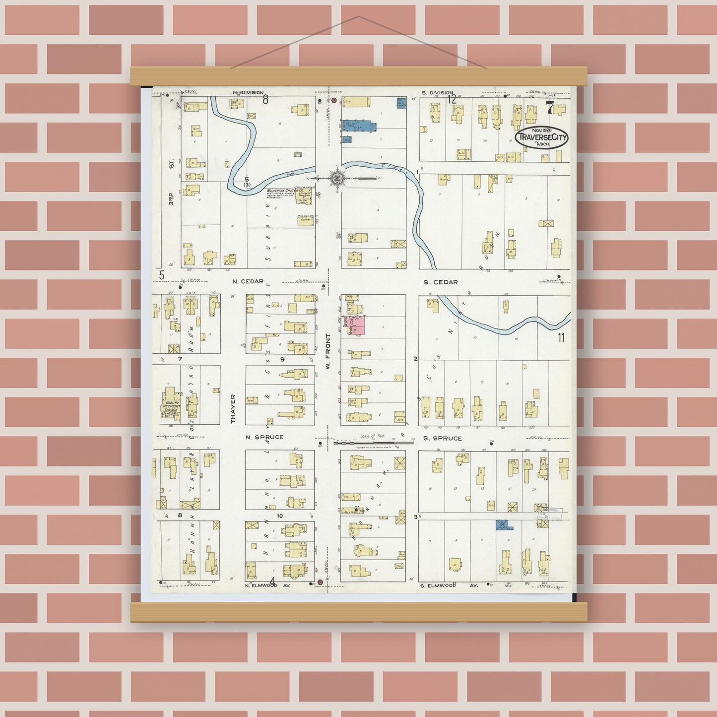 Old map wall art mockup — magnetic wood frame on brick wall — Sanborn Fire Insurance Map from Traverse City, Grand Traverse County, Michigan (1920), Sheet #0007