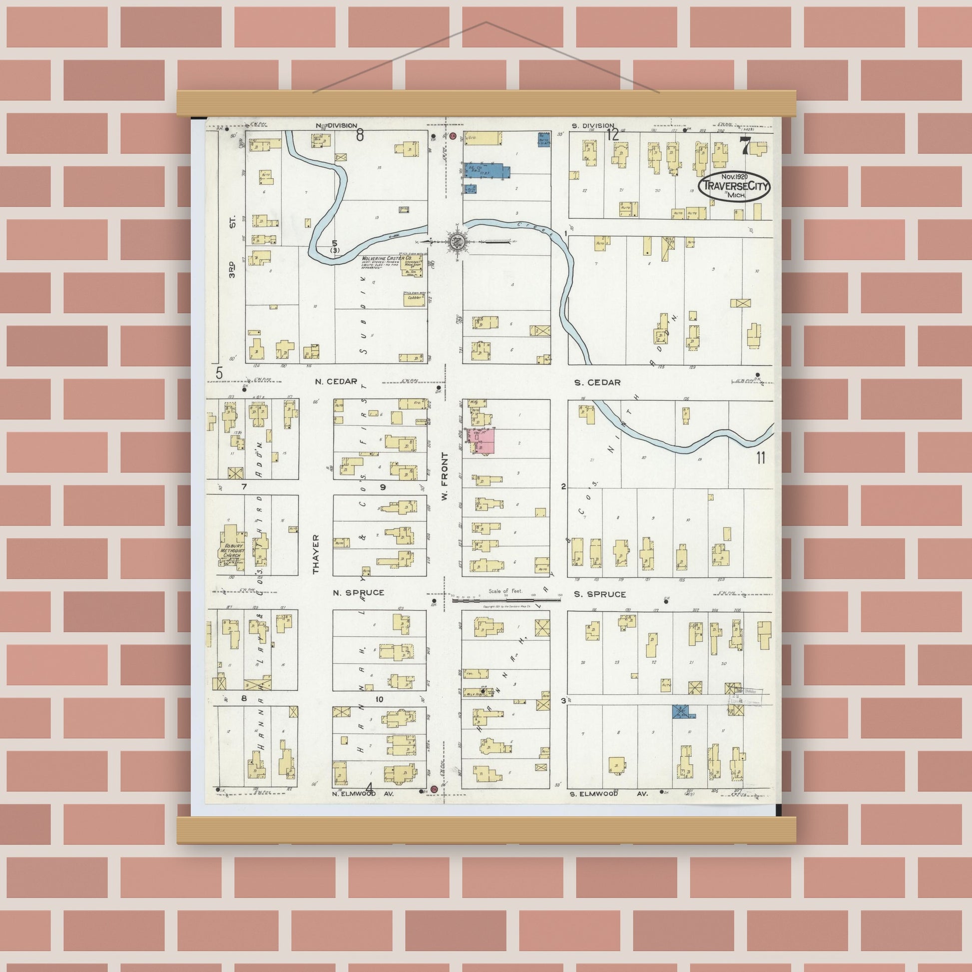 Old map wall art mockup — magnetic wood frame on brick wall — Sanborn Fire Insurance Map from Traverse City, Grand Traverse County, Michigan (1920), Sheet #0007