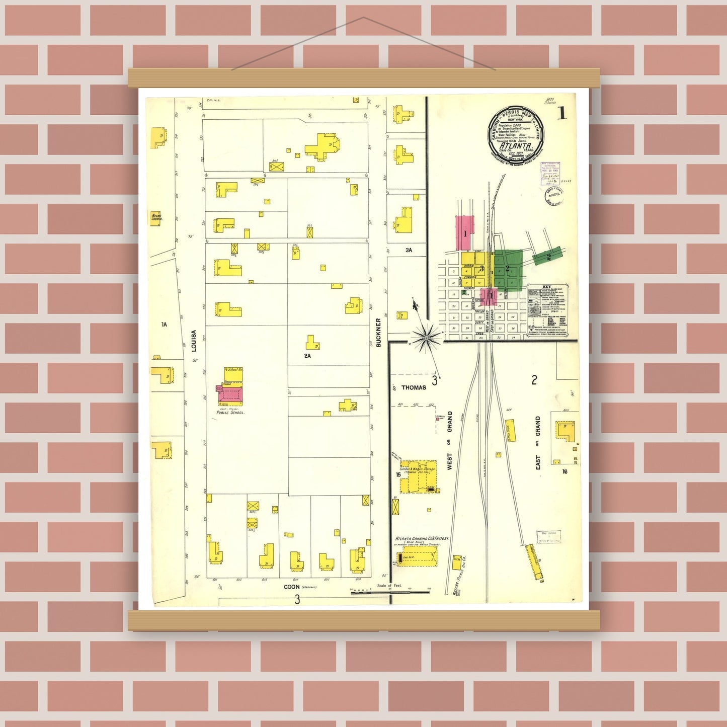 Old map wall art mockup — magnetic wood frame on brick wall — Sanborn Fire Insurance Map from Atlanta, Cass County, Texas (1901), Sheet #0001