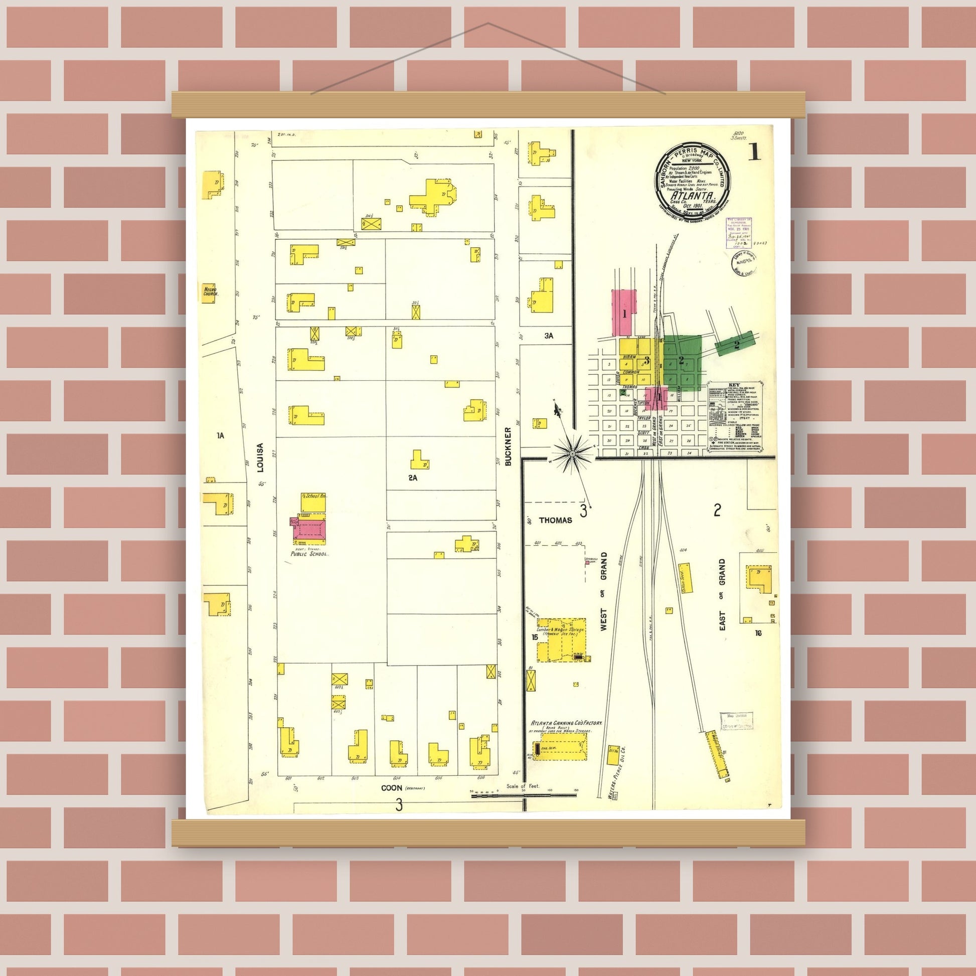 Old map wall art mockup — magnetic wood frame on brick wall — Sanborn Fire Insurance Map from Atlanta, Cass County, Texas (1901), Sheet #0001