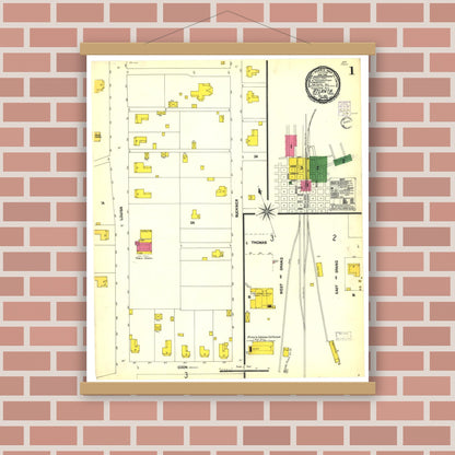 Old map wall art mockup — magnetic wood frame on brick wall — Sanborn Fire Insurance Map from Atlanta, Cass County, Texas (1901), Sheet #0001