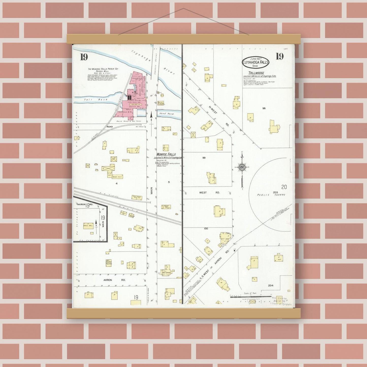 Old map wall art mockup — magnetic wood frame on brick wall — Sanborn Fire Insurance Map from Cuyahoga Falls, Summit County, Ohio (1927), Sheet #0019