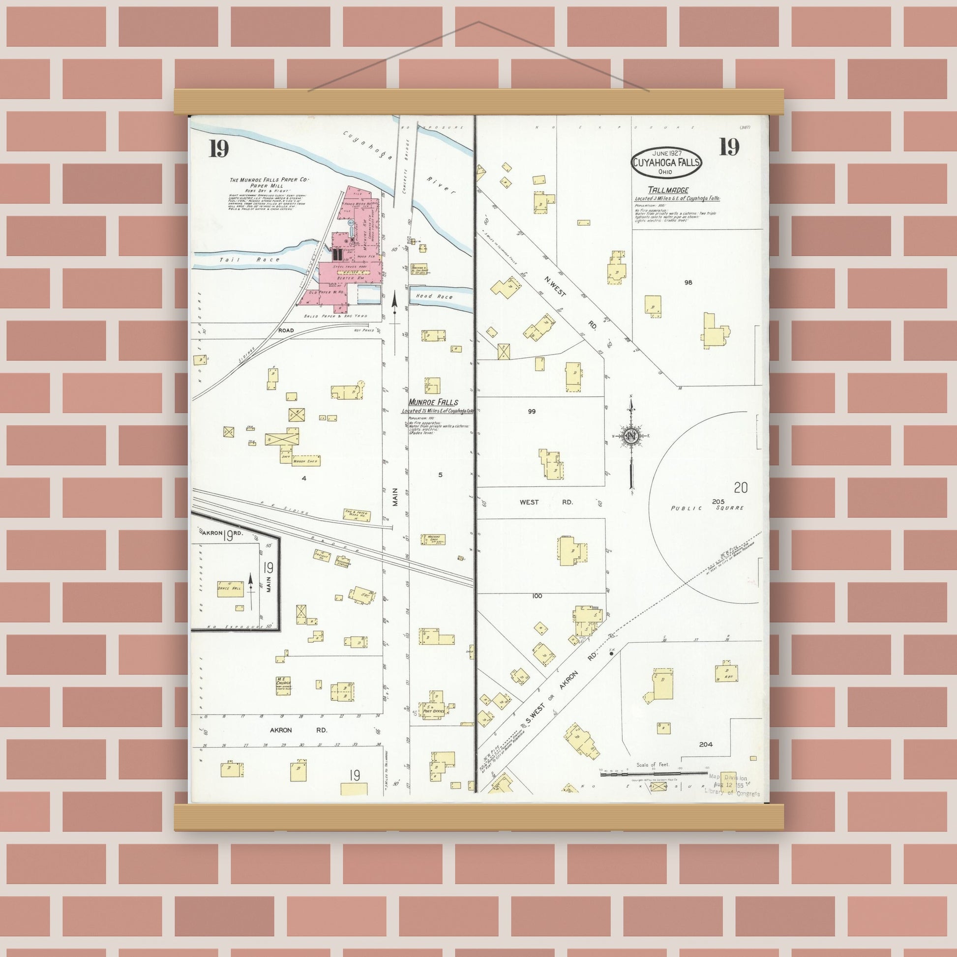Old map wall art mockup — magnetic wood frame on brick wall — Sanborn Fire Insurance Map from Cuyahoga Falls, Summit County, Ohio (1927), Sheet #0019