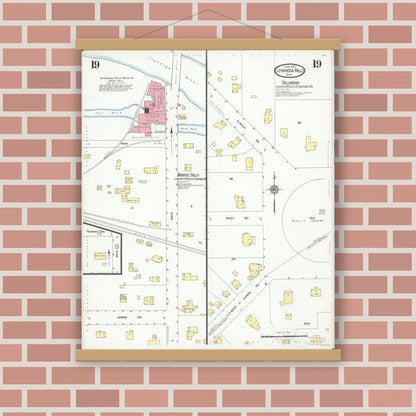 Old map wall art mockup — magnetic wood frame on brick wall — Sanborn Fire Insurance Map from Cuyahoga Falls, Summit County, Ohio (1927), Sheet #0019