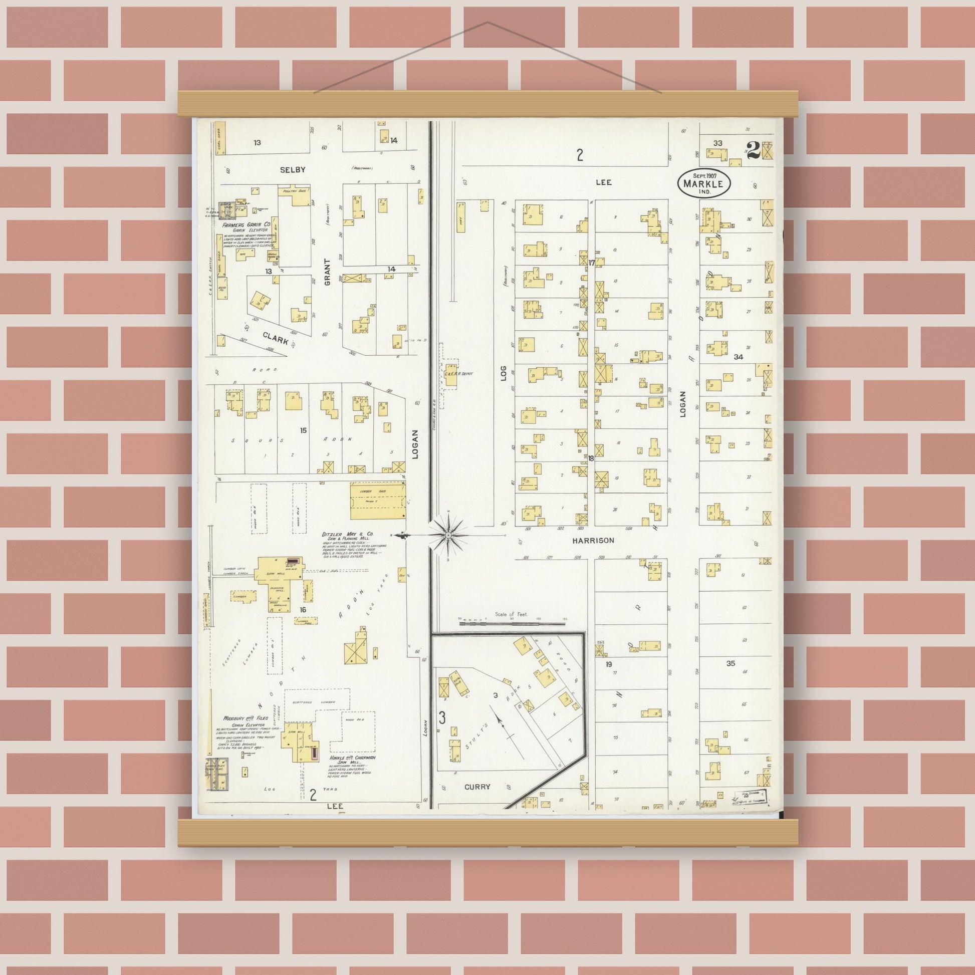 Old map wall art mockup — magnetic wood frame on brick wall — Sanborn Fire Insurance Map from Markle, Huntington County, Indiana (1907), Sheet #0002