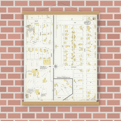 Old map wall art mockup — magnetic wood frame on brick wall — Sanborn Fire Insurance Map from Markle, Huntington County, Indiana (1907), Sheet #0002
