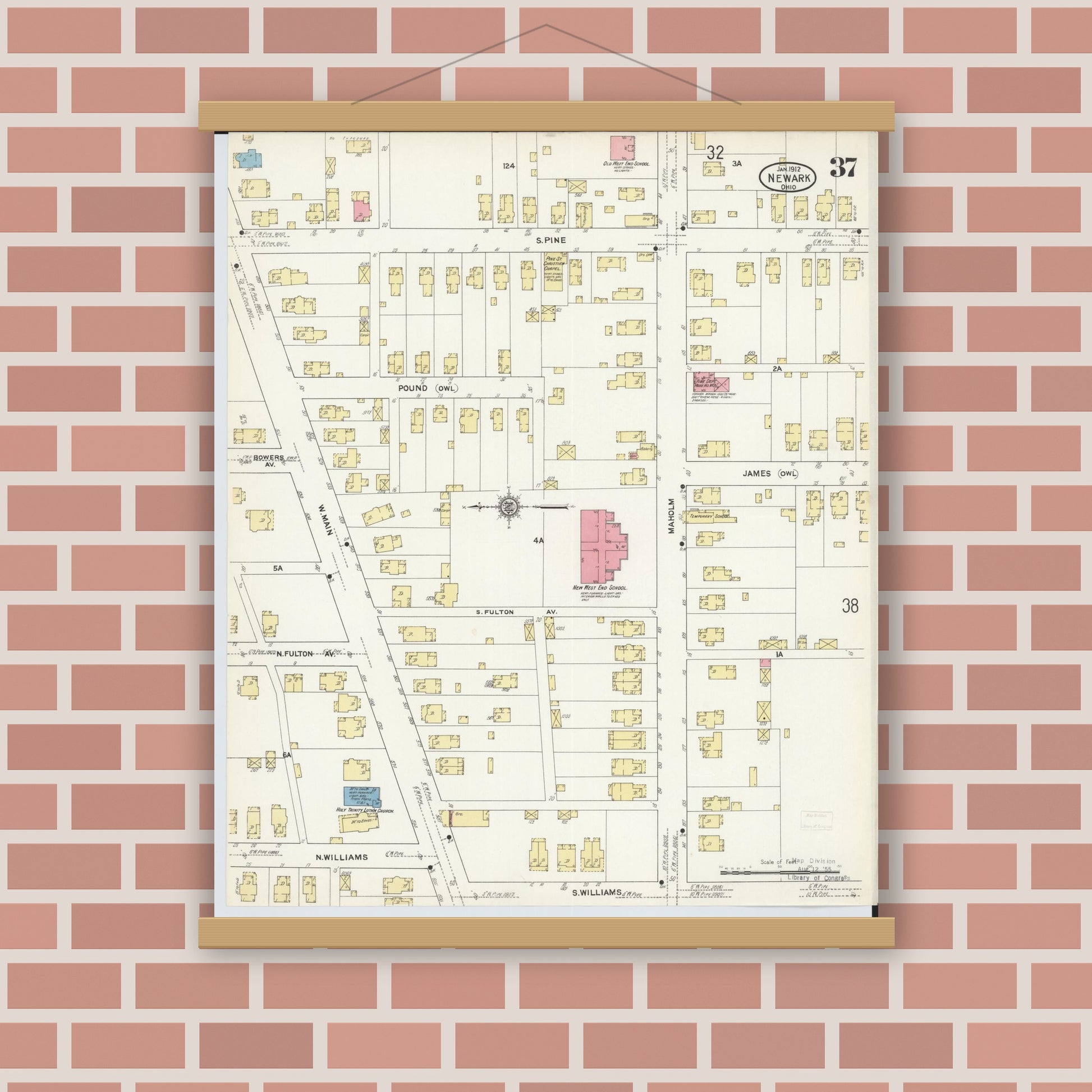 Old map wall art mockup — magnetic wood frame on brick wall — Sanborn Fire Insurance Map from Newark, Licking County, Ohio (1912), Sheet #0037