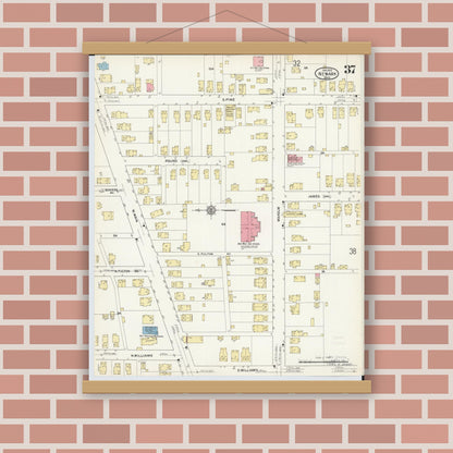 Old map wall art mockup — magnetic wood frame on brick wall — Sanborn Fire Insurance Map from Newark, Licking County, Ohio (1912), Sheet #0037